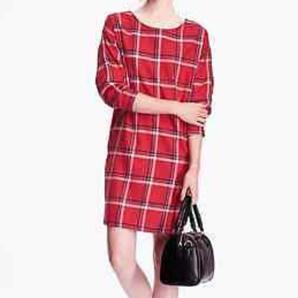 Old Navy Red Plaid Long Sleeve Tunic Midi Dress